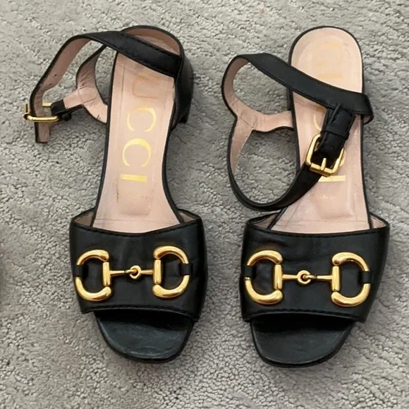 Gucci | Shoes | Gucci Black And Gold Leather Sandals With  display picture 1